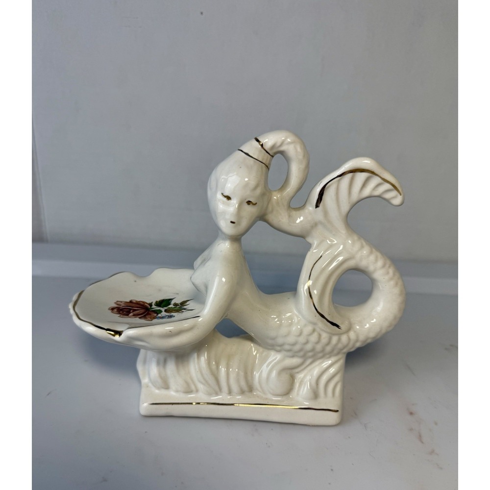 Vtg Mid Century Ceramic MERMAID W/ Shell Soap Trinket Dish Nude Novelty MCM